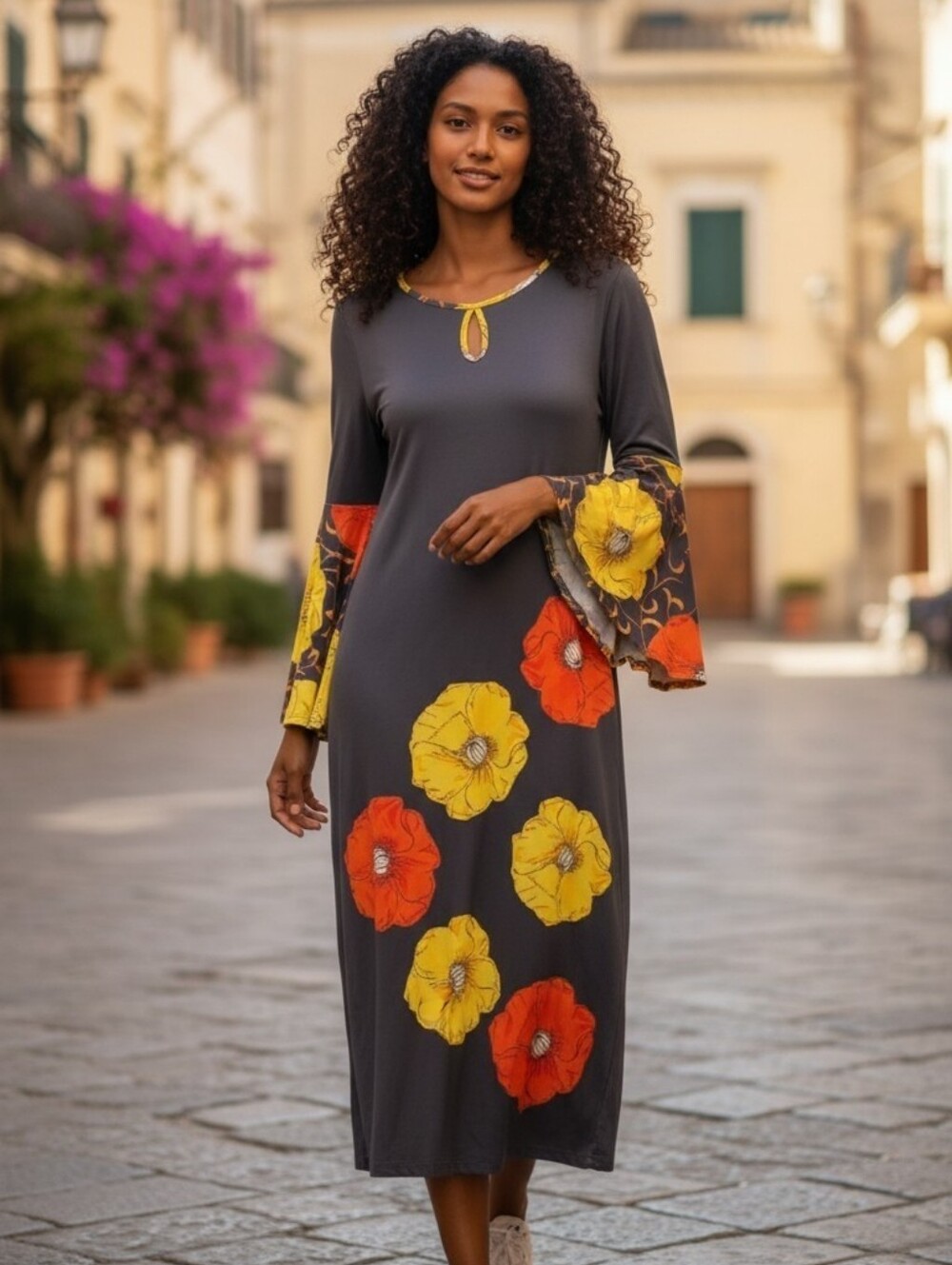 Navy Floral Bell-Sleeve Maxi Dress with Yellow & Orange Blooms